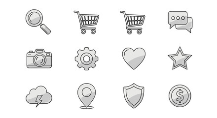 A collection of modern, thin outline icons with a subtle lustre effect, perfect for web design, graphic design, apps, banners, social networks, and cards. This vector cartoon illustration features a