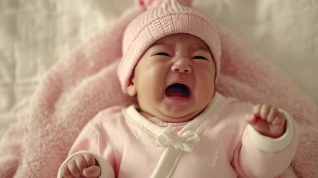 赤ちゃんが淡い桃色の衣で泣く
