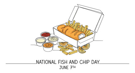 Continuous line drawing of classic fish and chips served in a takeaway box with dipping sauces and lemon slices, celebrating National Fish and Chip Day on June 7th, a beloved British culinary