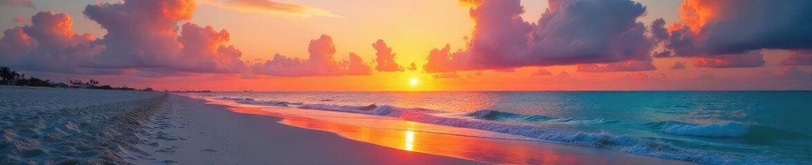 Vibrant Miami Beach sunrise paints the sky with fiery oranges, pinks, and yellows, reflecting on the calm ocean Perfect for travel, vacation, or coastal themed projects , ocean, texture