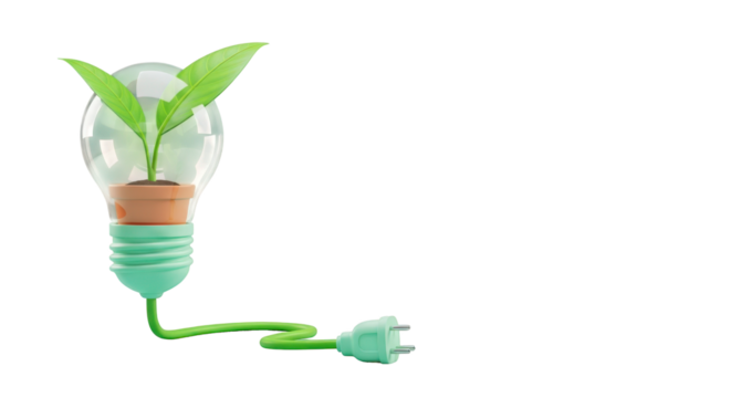 Lightbulb with plant and power cord isolated on a transparent background sprout