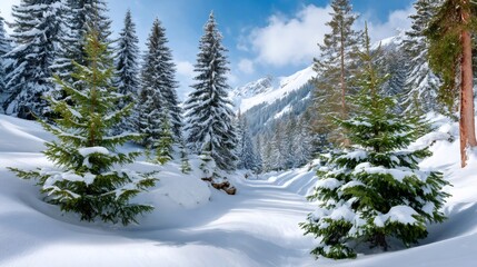 Winter forest in valley with snow covered fir trees