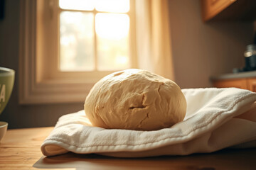 Fresh homemade bread dough resting on a white cloth in warm morning light by the kitchen window, symbolizing baking, tradition, simplicity, and the cozy atmosphere of home cooking and comfort.