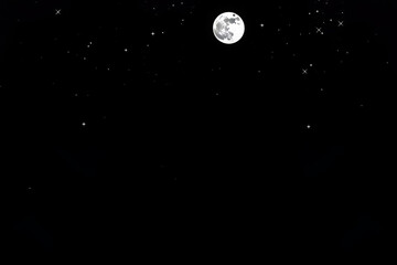 Naklejka premium Bright full moon glowing in a dark night sky surrounded by sparkling stars, symbolizing tranquility, dreams, and cosmic beauty, perfect for nature, astronomy, and night-themed creative projects.