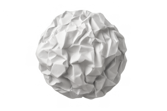 Crumpled paper ball symbolizing failure, bad ideas, frustration, and waste isolated on transparent background