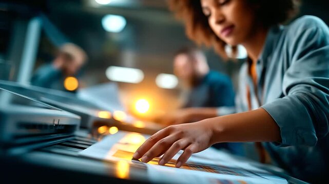 Selective focus on the hands of an unrecognizable Black man adjusting printer settings while a young woman in the blurred background checks paper alignment the machine's lights