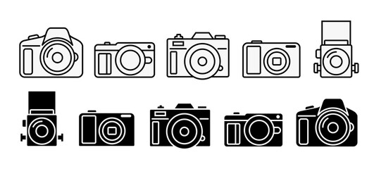 Collection of Modern Camera Icons in Outline and Solid Styles