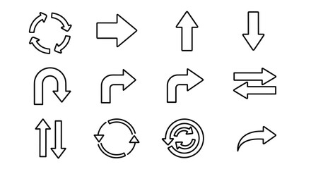 Collection of outline arrow icons, including circular arrows, directional arrows (up, down, right, left), U-turn arrows, and double-headed arrows, perfect for graphic design, web development, app