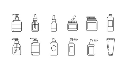 Collection of minimalistic line icons representing various cosmetic and skincare bottles, including pump dispensers, dropper bottles, jars, spray bottles, and tubes, perfect for web design, graphic