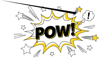Dynamic comic book explosion with the word "POW!" in bold black letters, surrounded by yellow starbursts, white stars, and a small speech bubble with an exclamation mark, set against a stark black