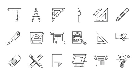 Obraz premium Collection of architectural and drafting tools icons, including compass, rulers, pencils, eraser, blueprint, magnifying glass, and drafting board, suitable for UI, placards, books, and apps, with