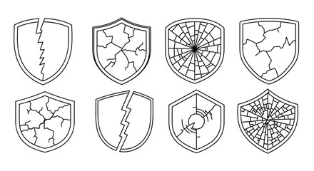 Collection of eight cracked shield outline icons, representing broken security, vulnerability, and damage, perfect for graphic design, web elements, apps, advertisements, and various card designs