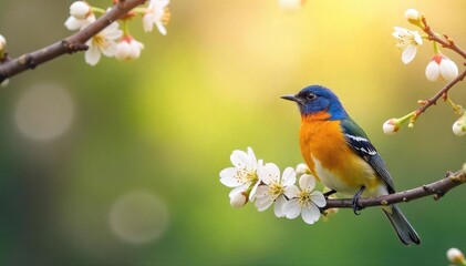 Fototapeta premium Vibrant springtime scene featuring a colorful bird perched on a blossoming branch, sunlight filtering through the leaves Perfect for nature, springtime, and wildlife themes , renewal, fauna, life