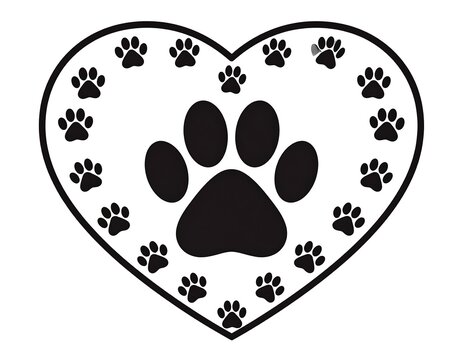 An outline of a heart shape is filled with multiple paw prints. A large paw print is in the middle. The image is in black and white