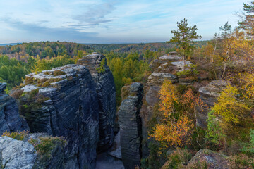 The Great Tisa Rocks - natural rock formations in Bohemian Switzerland, Wonderful rock formation Tiske steny , Czech Republic. Autumn.