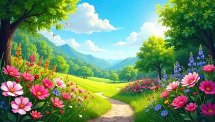 Obraz premium Vibrant summer scene bursting with colorful flowers, lush green foliage, and a bright blue sky Perfect for summer themes, travel, nature, and more , plants, adventure