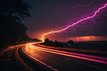 Vivid pink lightning illuminates a winding road at night with streaks of car lights below