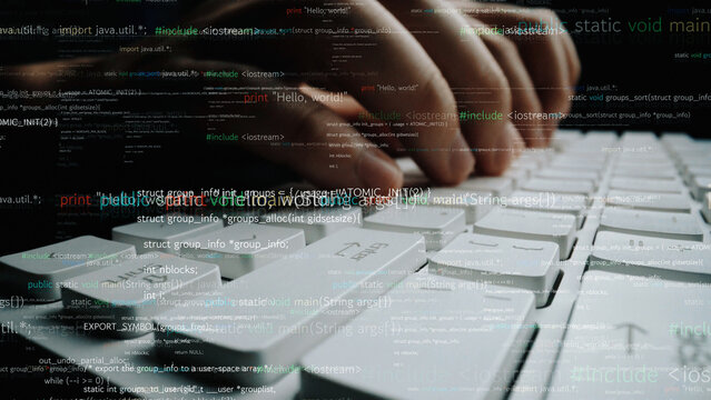 A close-up view of hands typing on a white keyboard, immersed in a digital atmosphere filled with programming code and symbols, showcasing modern technology usage. Xenic