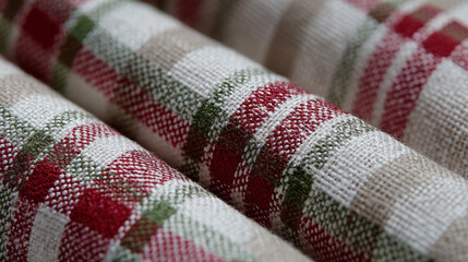 Detailed macro shot of folded gingham cloth in red and green