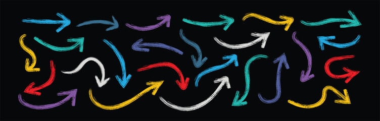 Set of Colorful line hand drawn curved vector arrows icons. hand drawn arrow collection. ink brush hand drawn arrows vector collection black sketch directional icons for Your design. 