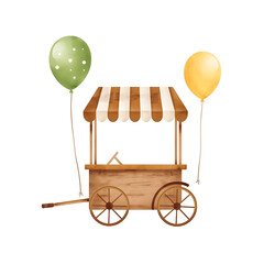 A vintage wooden cart features a brown and white striped canopy, complemented by two balloons—one polka-dotted green and one solid yellow.