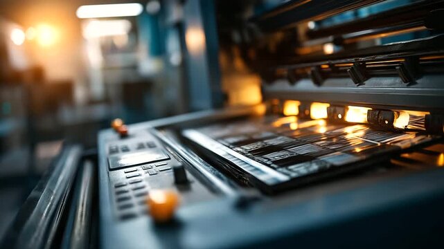Empty part of a modern offset printing press in a print shop rollers and ink trays clean control panels with buttons paper feeders empty the machine's metal gleaming under
