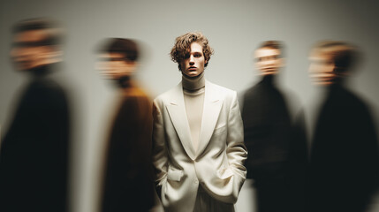 Male model in white suit standing still among blurred moving figures
