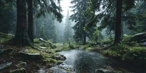 Obraz premium Raindrops falling on water in dark spruce forest during heavy downpour, creating moody natural atmosphere