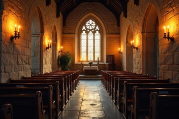 Warm candlelight illuminates a peaceful church interior, casting soft shadows on aged stone walls and wooden pews The scene evokes serenity and spiritual reflection , interior, texture