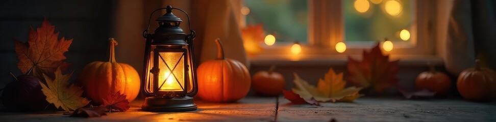 Warm, inviting light spills from a charming household lantern, casting a soft glow on surrounding objects  Perfect for home decor, hygge, and cozy autumn themes ,  contemporary,  object