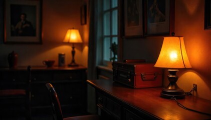 Warm, inviting glow of vintage-style lamps illuminating a dark room, creating a nostalgic atmosphere  Perfect for retro-themed projects, home decor, and design inspiration ,  fifties,  lamps