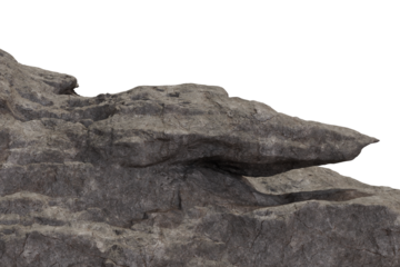 Rugged, dark grey rock surface with pronounced texture and cracks, sharply outlined against isolated background. Natural, isolated stone