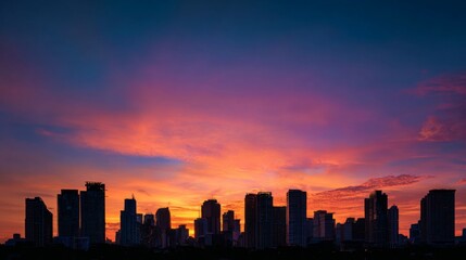 Fototapeta premium Stunning Sunset Over Urban Skyline with Vibrant Colors, Silhouetted Architecture, and Serene Atmosphere Capturing Majestic Evening Scene