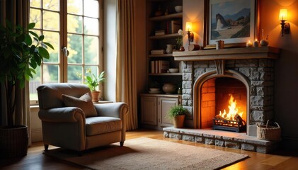Warm, inviting living room with soft lighting, plush armchair, and a crackling fireplace creating a cozy atmosphere perfect for relaxation Enjoy the tranquil ambiance , blankets, coffee table