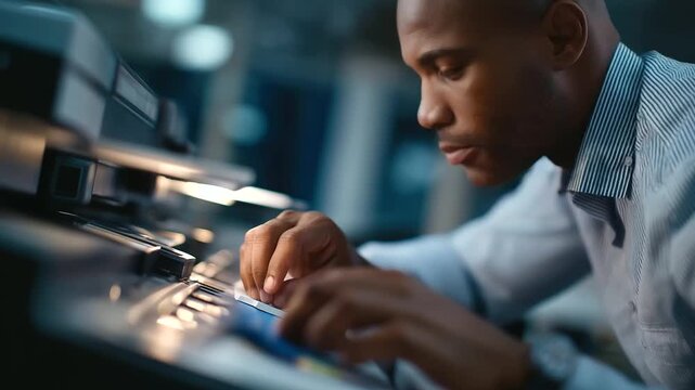An African American man adjusts blue cardstock on a printer tray in a printing house his hands precise control panels glowing paper dust in the air high angle view printer adj