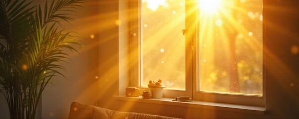 Warm sunlight streams through a bright windowpane, illuminating dust motes dancing in the golden rays Perfect for home, comfort, or spring themes , daytime, sunlight