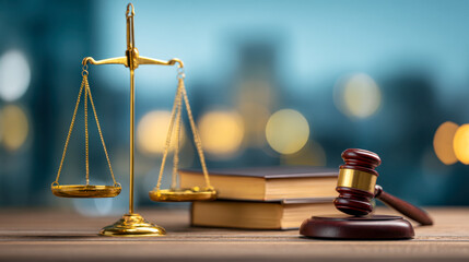 Golden justice scales with wooden judge gavel and law books on table symbolizing legal authority fairness and courtroom decision making against blurred city lights background