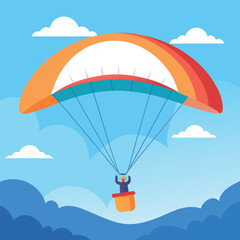 Paragliding illustration over mountains with blue sky and clouds.