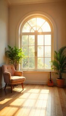 Warm sunlight streams through a large window illuminating a bright and welcoming interior space, perfect for a greeting or introduction , home decor, introduction