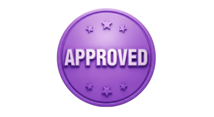 Purple circular stamp with white approved text and stars isolated on a transparent background
