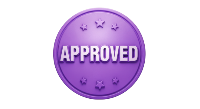 Purple circular stamp with white approved text and stars isolated on a transparent background