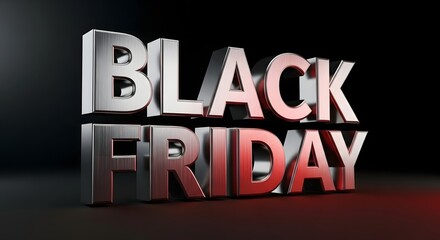 Bold 3D metallic text spelling out 'BLACK FRIDAY' with a red glow on a dark background, symbolizing a major shopping event.