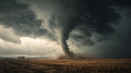 Obraz premium Dramatic Tornado Touches Down in Vast Agricultural Field Under Ominous Dark Clouds With Powerful Winds and Debris in the Air