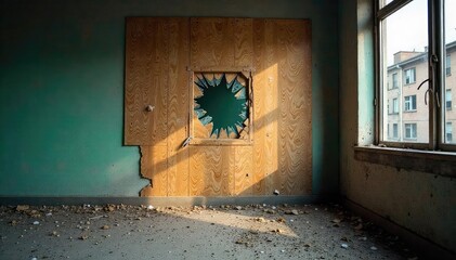 A shattered window, boarded up with plywood, sits in an abandoned building, symbolizing urban decay and the aftermath of violent crime , windowpane, neglect