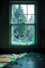 A shattered window, broken glass scattered on the ground, symbolizes the aftermath of a violent crime, representing destruction and insecurity , vandalism, street