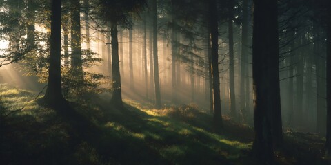 Fototapeta premium Forest trees with sunbeams breaking through morning fog, creating a peaceful woodland landscape