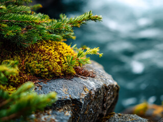 Close-up of moss and greenery growing on a rocky surface near water
