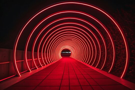 Vibrant red illuminated tunnel with concentric glowing arches creating a futuristic and inviting pathway at night - Powered by Adobe