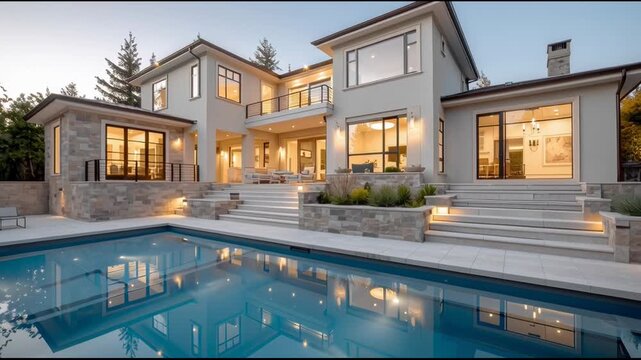 Serene luxury modern house with beautiful swimming pool at dusk . Aspirational home exterior and contemporary architecture for real estate