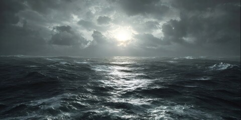 Open ocean water forming rough waves under a cloudy, stormy sky with sunlight reflecting on the surface